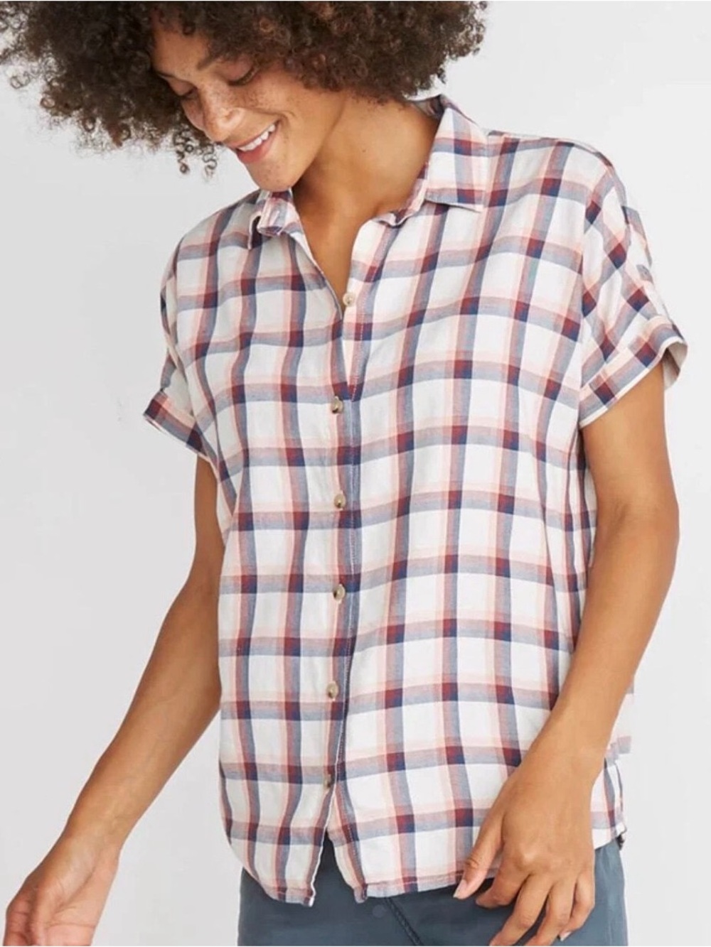 Marine Layer Women’s Small Plaid Short Sleeve Button Up Shirt Cream Pink Navy